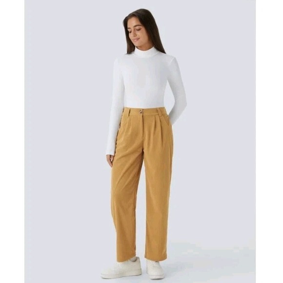 Halara Corduroy Pants XL Casual High Waisted Pocket Pleated Amber Gold Workwear - Picture 2 of 8